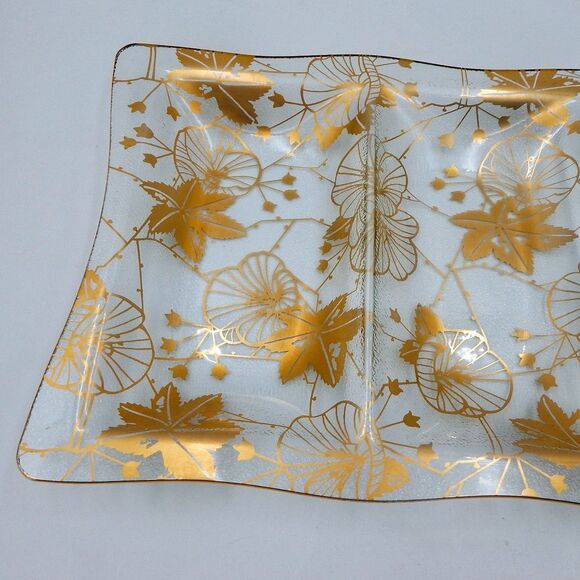 MCM Glass Divided Serving Tray Gold Leaf Graphic Hollywood Regency Unmarked - Picture 2 of 12